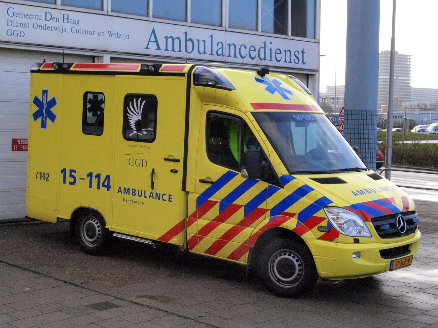 A Dutch ambulance in its yellow, red and blue colours